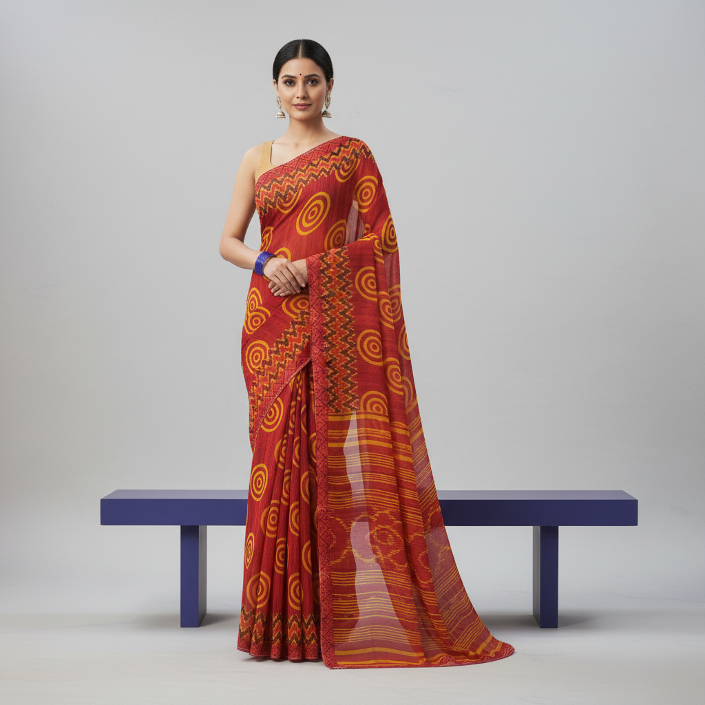 Dark Orange Georgette Printed Saree