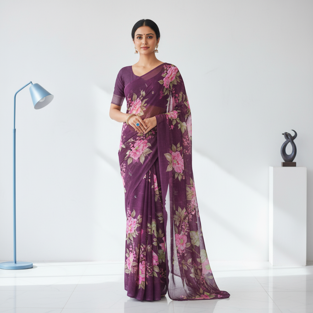 Purple Printed Poly Georgette Saree