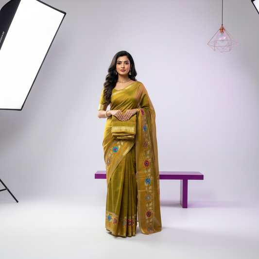 Olive Green Tussar Silk Saree