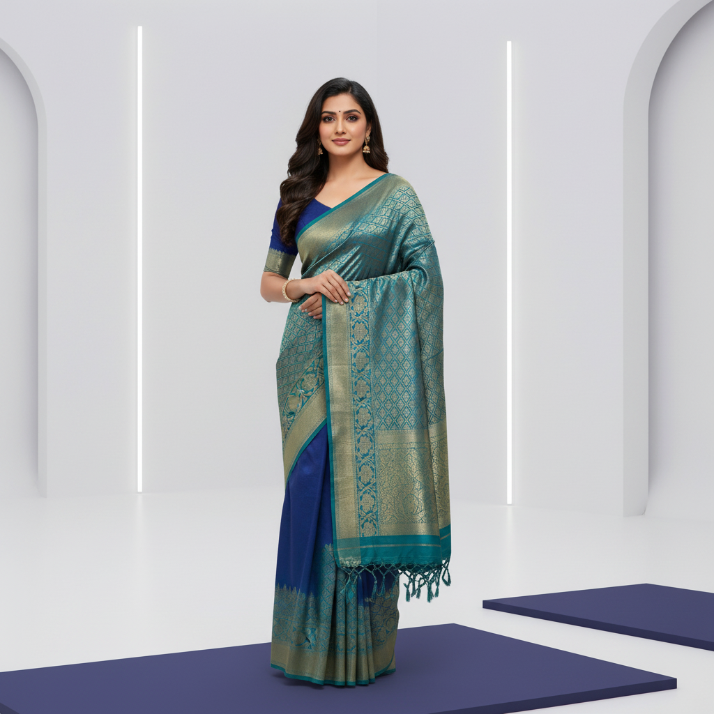 Teal Blue Pure Kanjivaram Silk Saree