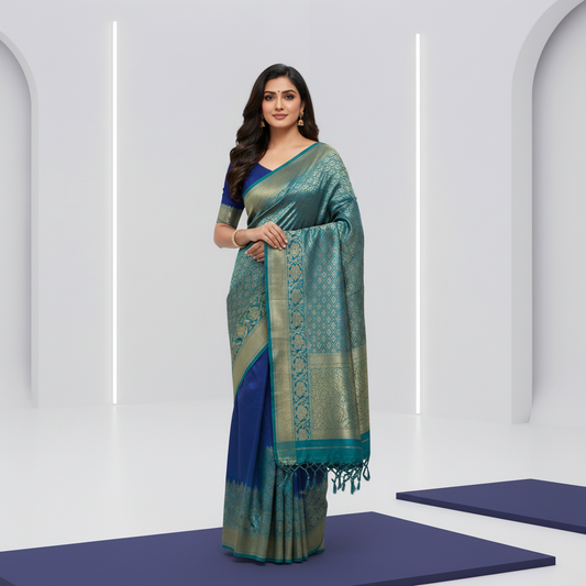 Teal Blue Pure Kanjivaram Silk Saree