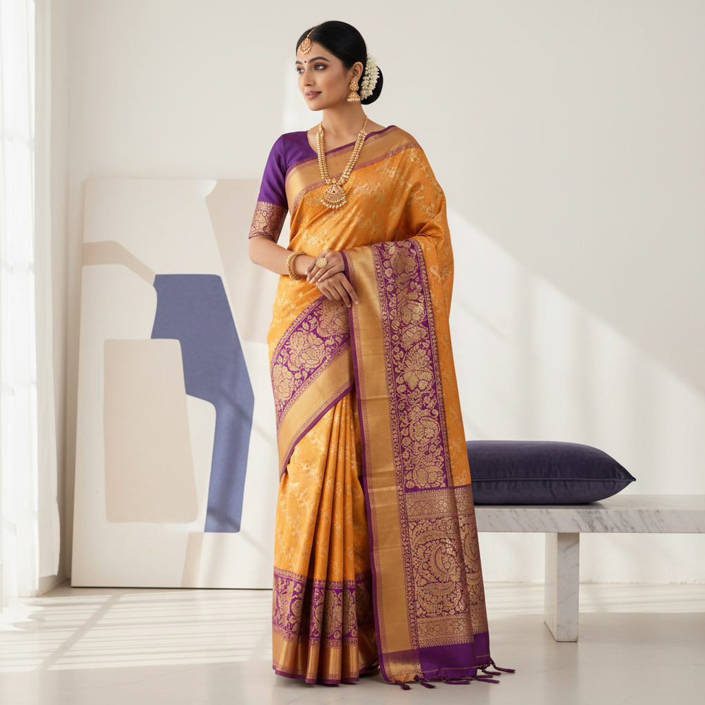 Mustard Yellow, Olive Green Saree