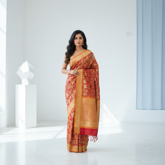 Banarasi Silk Saree Coral Red