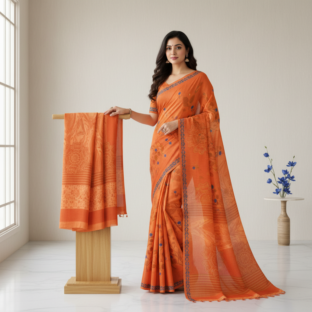 Fashions Orange Printed Georgette Saree With a Floral Design
