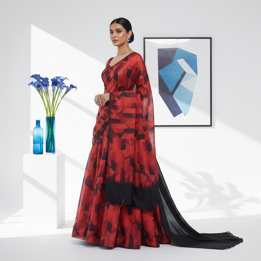 Fancy Georgette Printed Saree Black & Red
