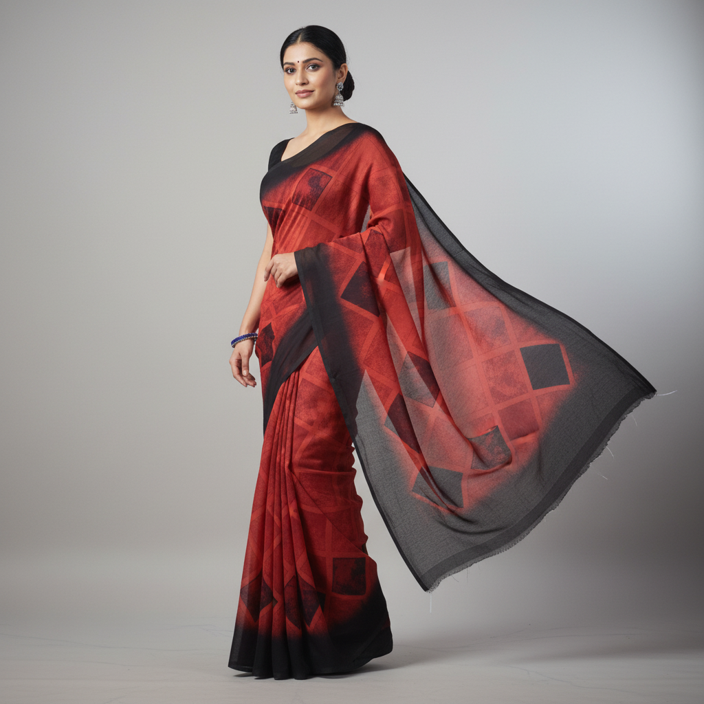 Fancy Georgette Red and Black Geometric Pattern