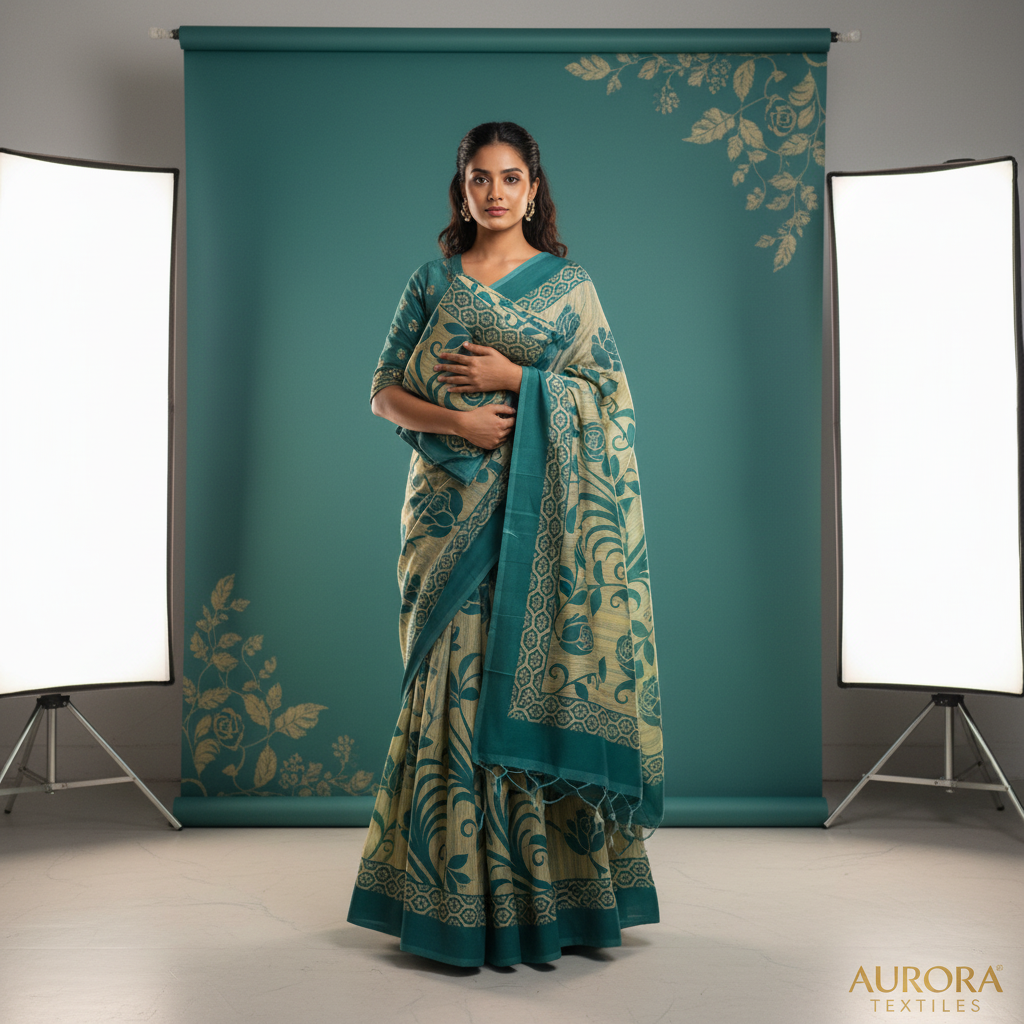 Beige Floral Block Print Saree