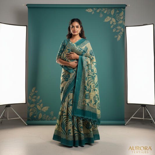 Beige Floral Block Print Saree