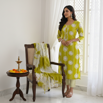 Lime Green Floral Embroidered  Kurti