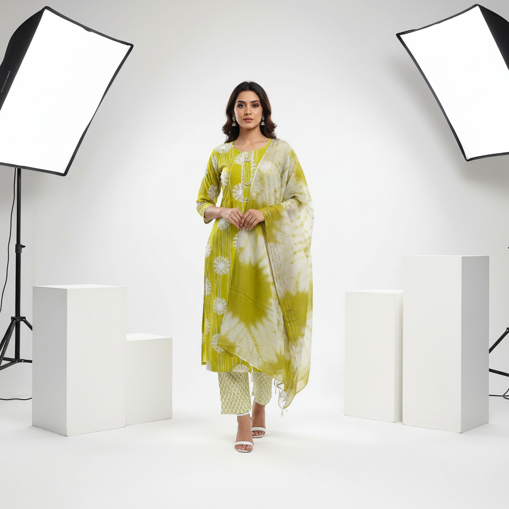 Lime Green Floral Embroidered  Kurti