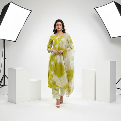 Lime Green Floral Embroidered  Kurti