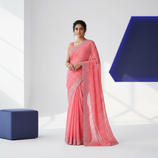 Rose Pink Organza Sequence Embroidery Saree